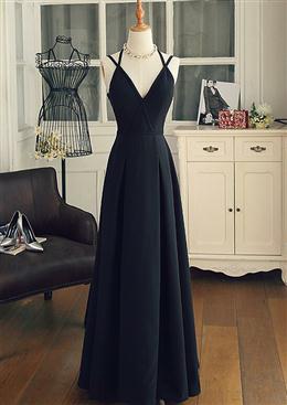 Picture of Pretty Black Color Chiffon Straps Long A-line Junior Prom Dresses, Black Color Party Gowns